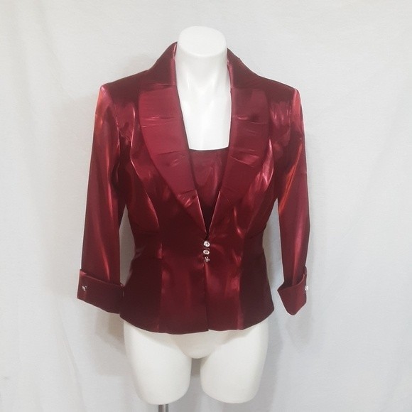 Dressbarn Collection Magenta Red Satin Formal Suit-Blouse & Blazer Set Size 8 - Picture 8 of 11